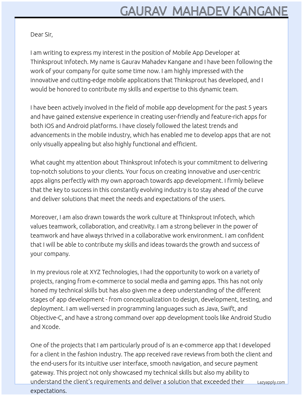 Mobile App Developer At Thinksprout Infotech Cover Letter