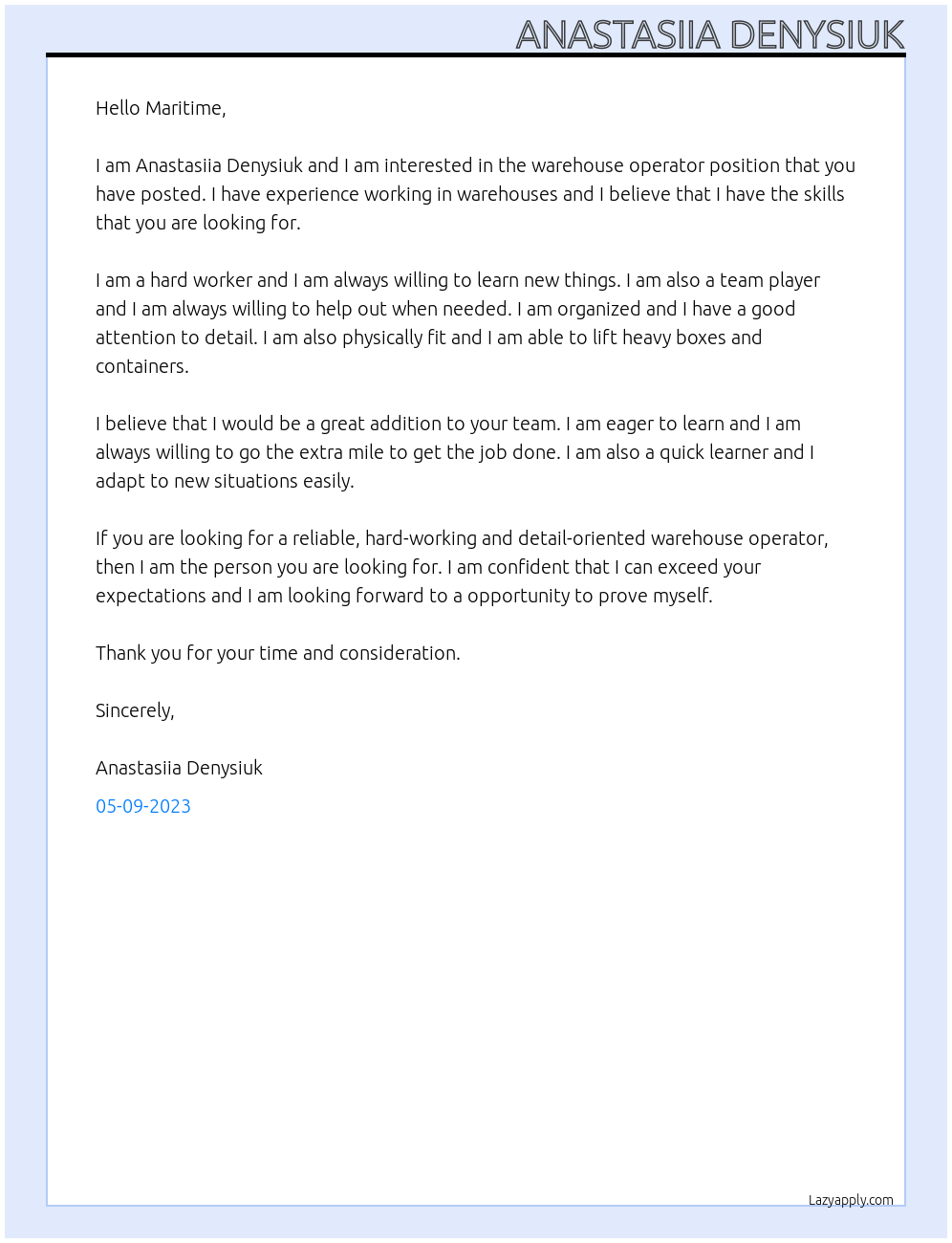 warehouse operator At Maritime Cover Letter