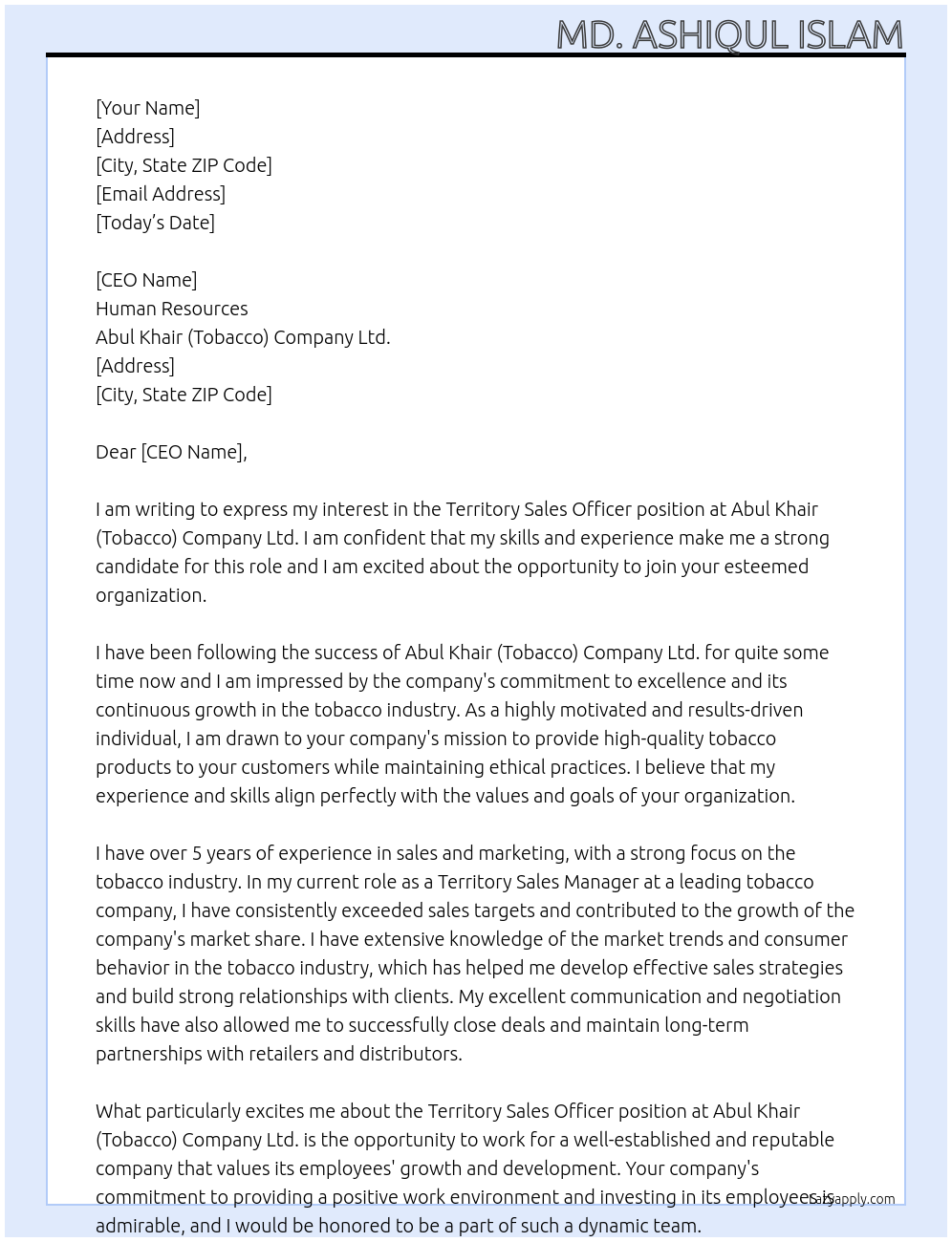 Territory Sales Officer At Abul Khair (Tobacco) Company Ltd. Cover Letter