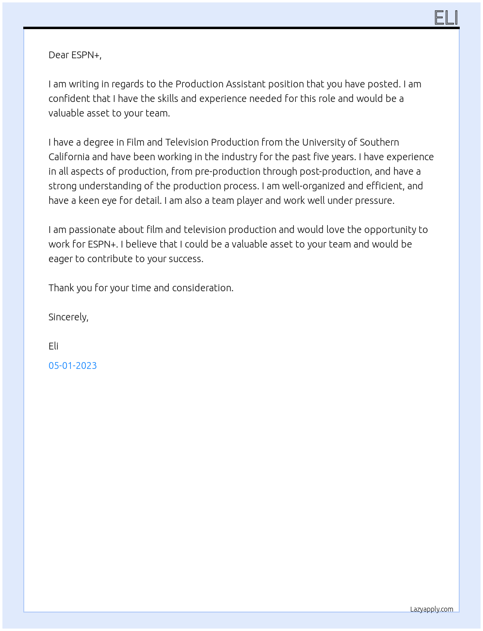 Production Assistant At ESPN+ Cover Letter