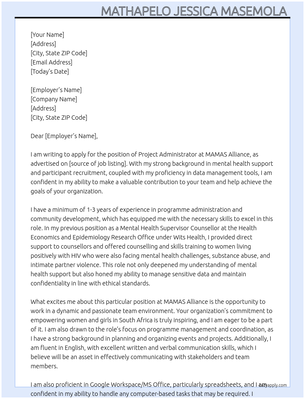 Project Administrator At MAMAS Alliance Cover Letter