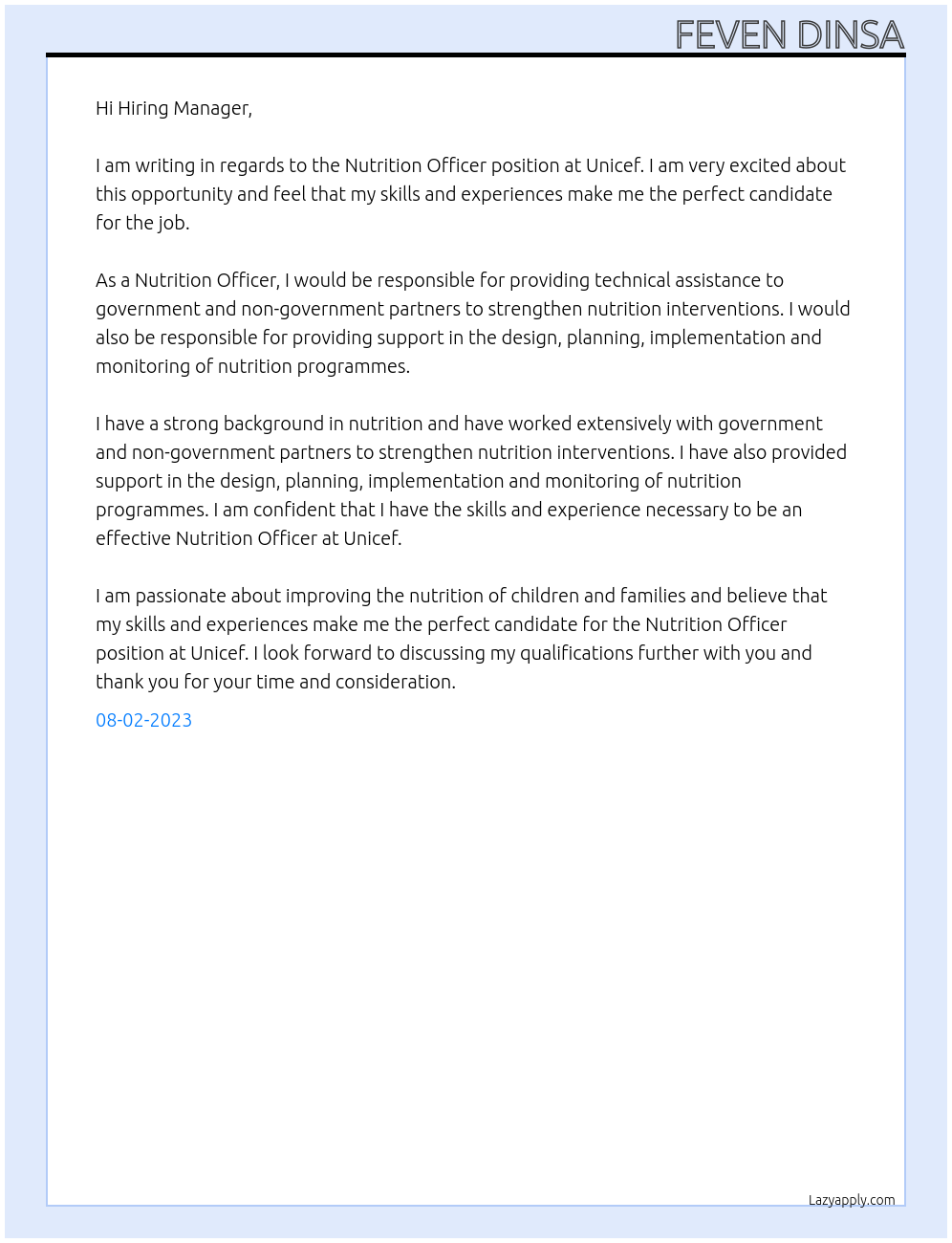 nutrition officer At Unicef Cover Letter