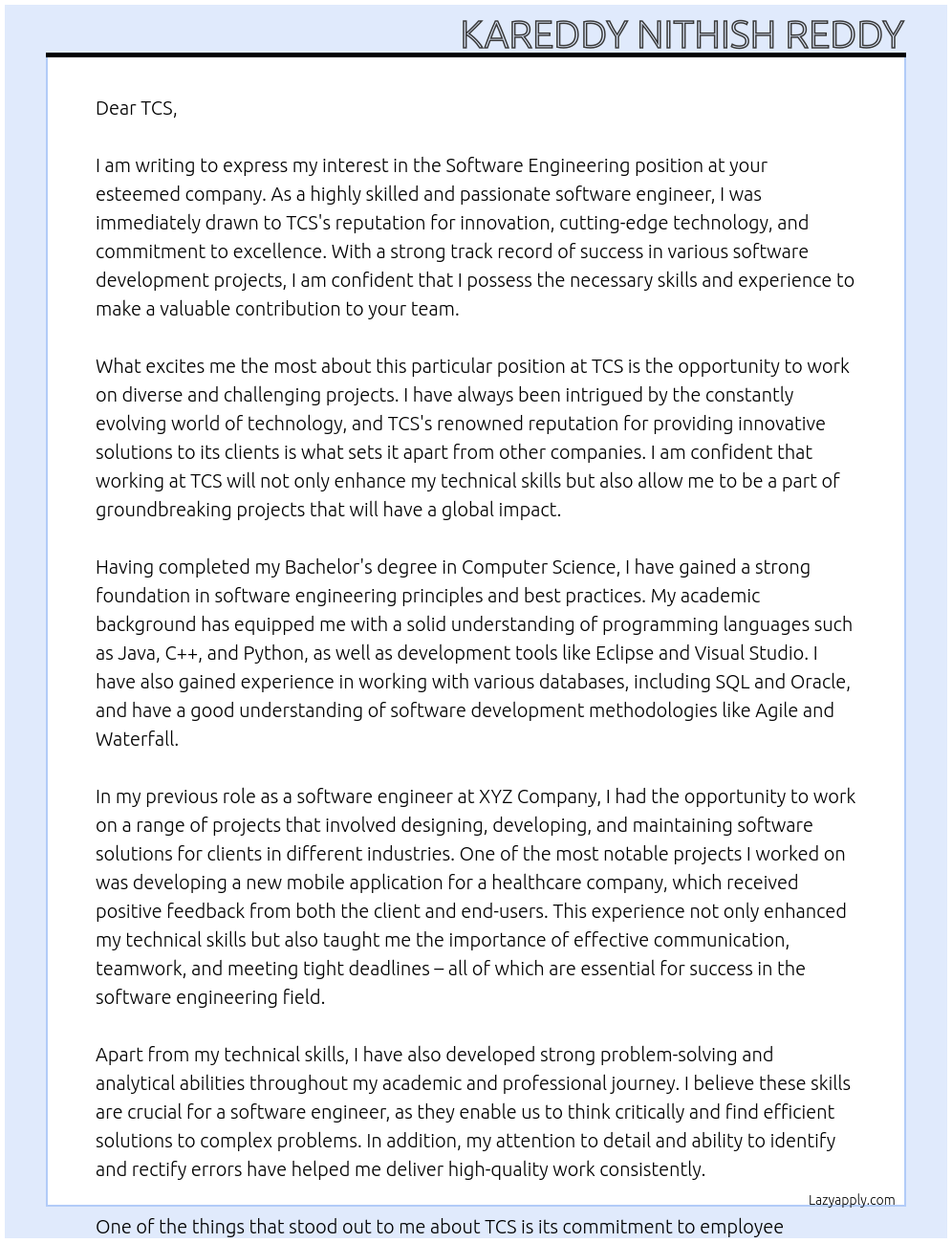 Software engineering At TCS Cover Letter