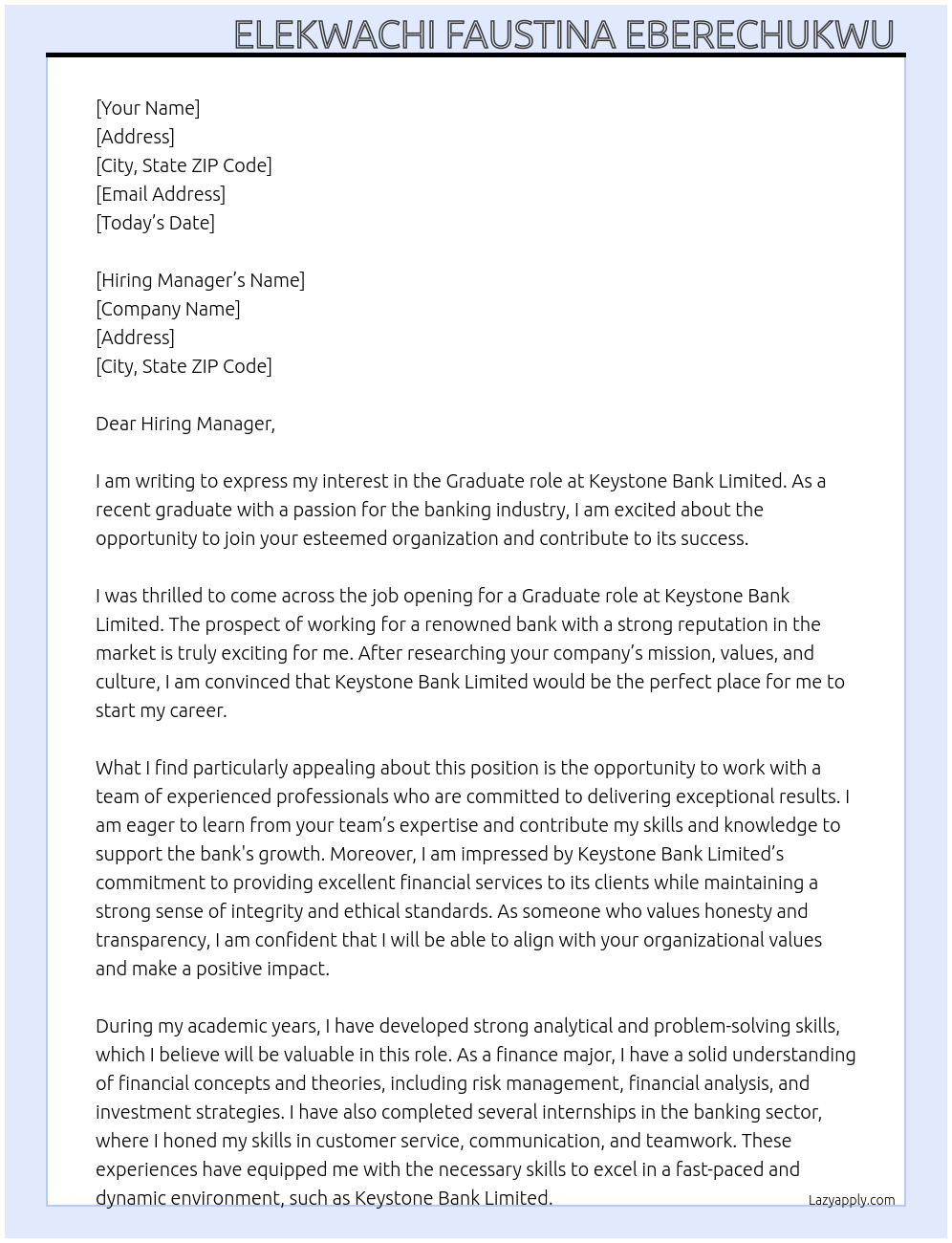 Graduate role At Keystone Bank Limited  Cover Letter