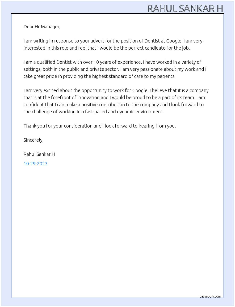 Dentist At google Cover Letter