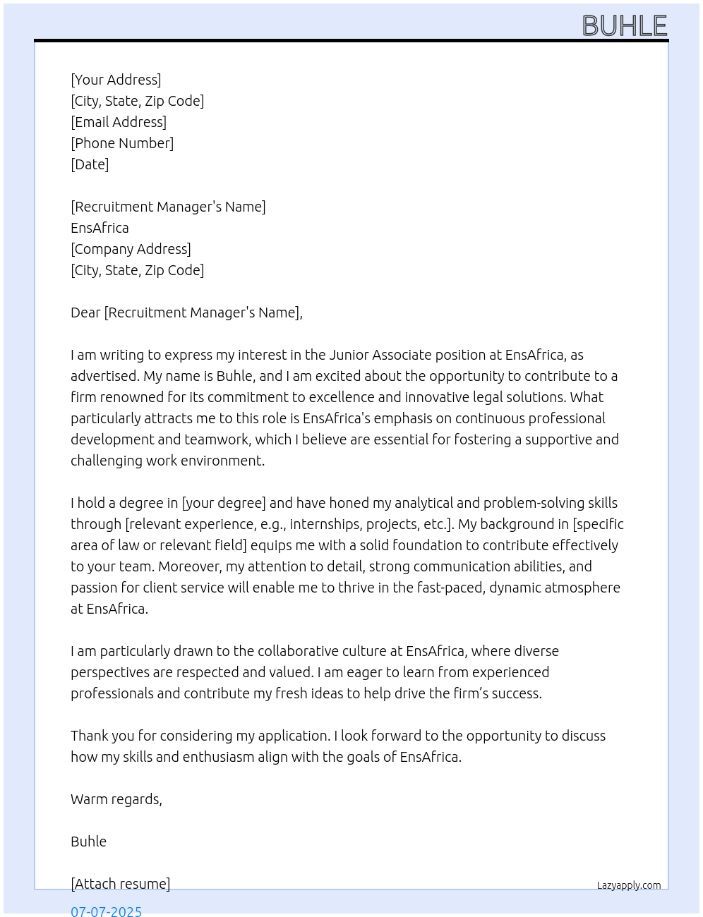 Cover letter for junior associate - LazyApply