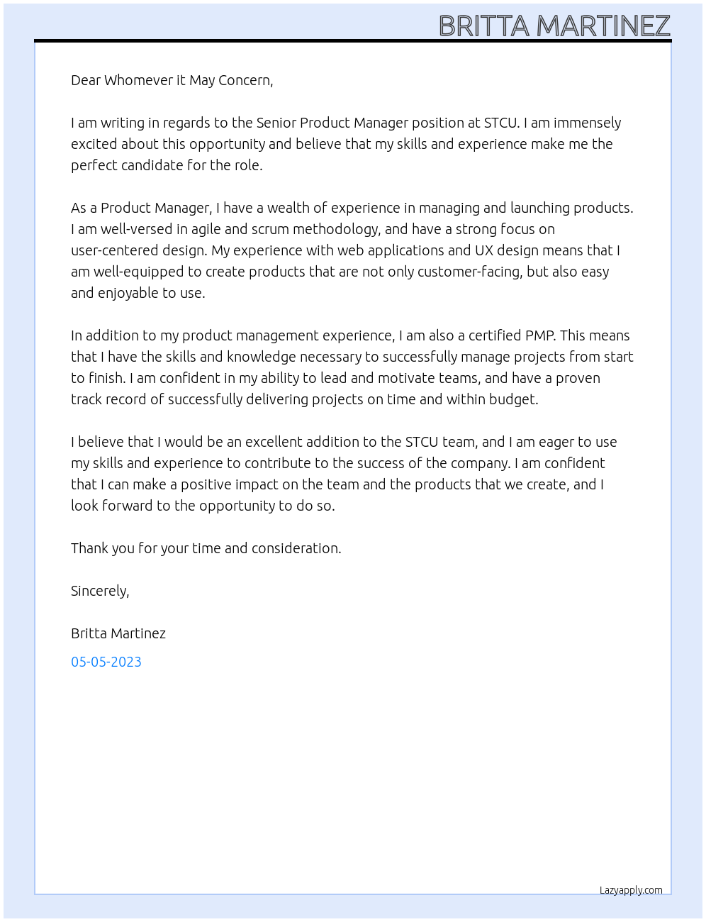 Senior Product Manager At STCU Cover Letter