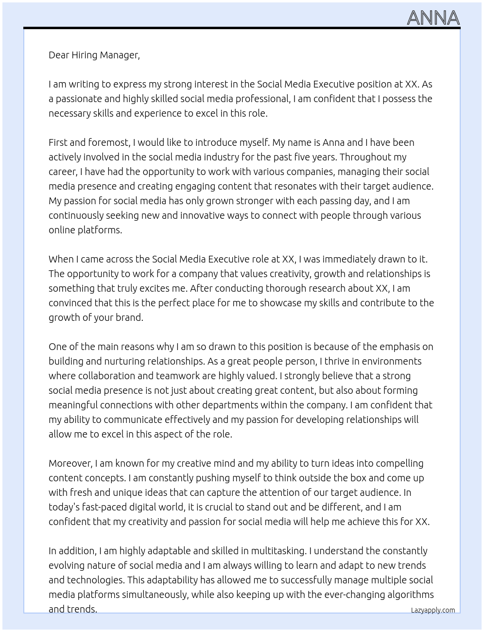 Social Media Executive At XX Cover Letter