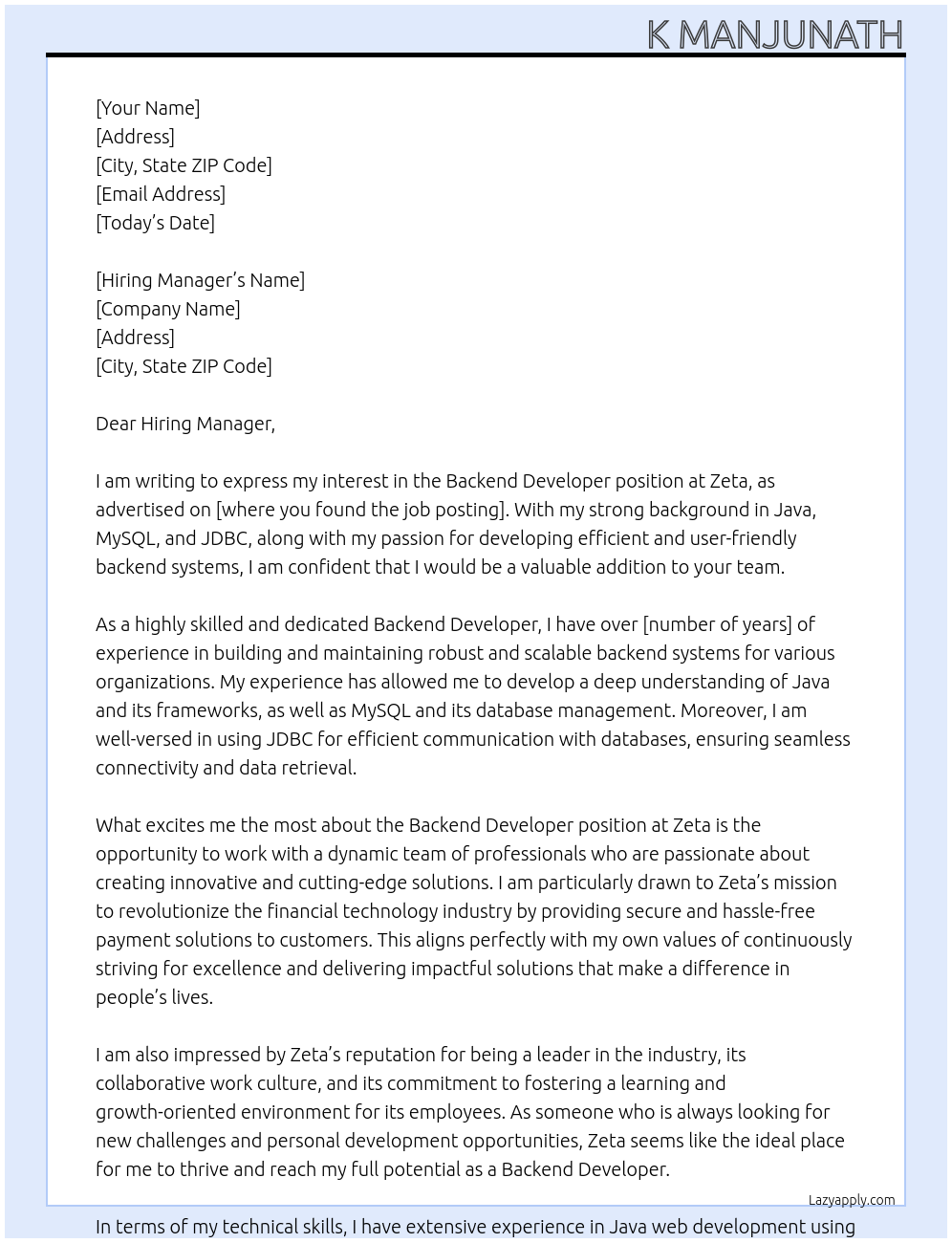 Backend Developer At zeta Cover Letter