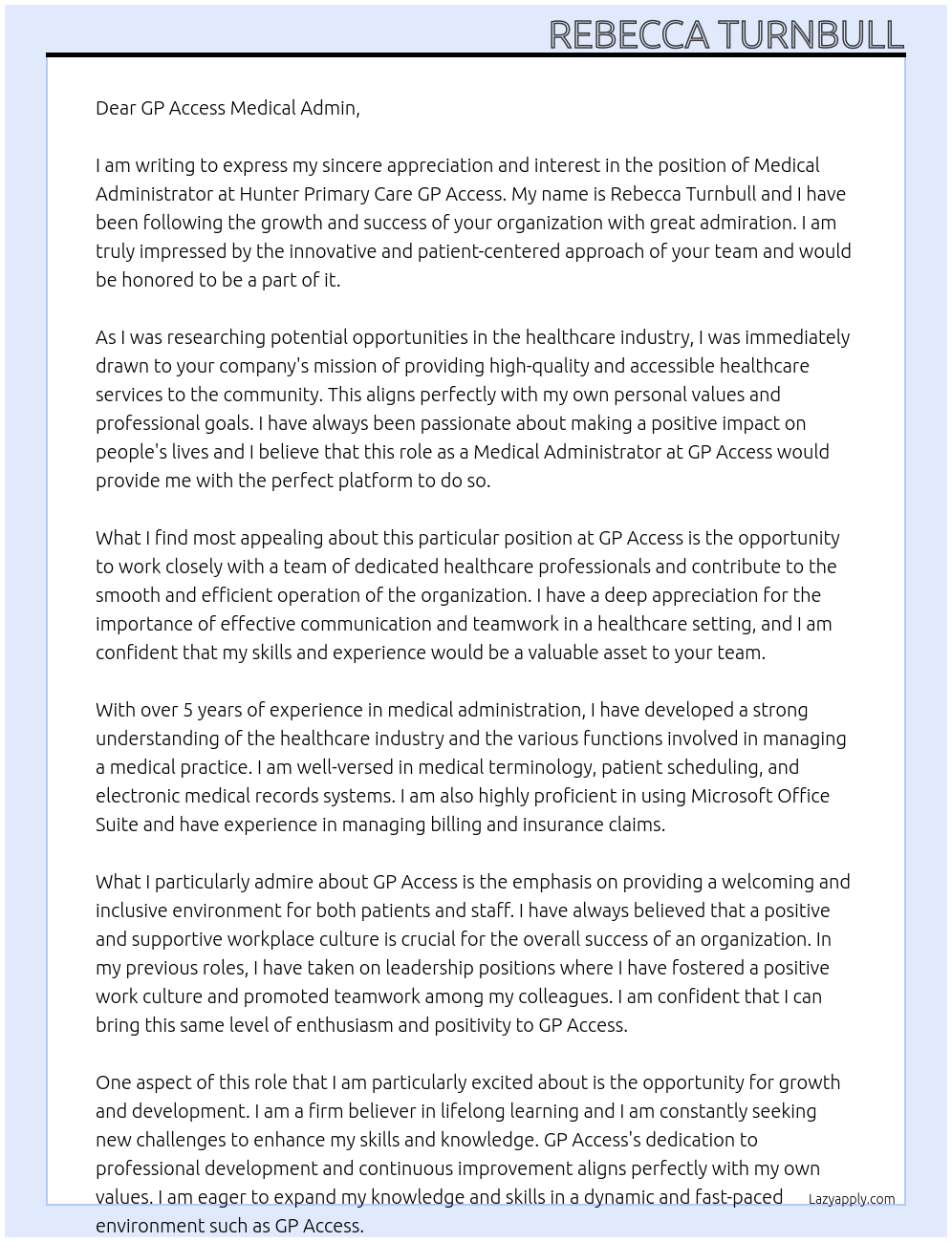 Medical Administrator At Hunter Primary Care GP Access Cover Letter