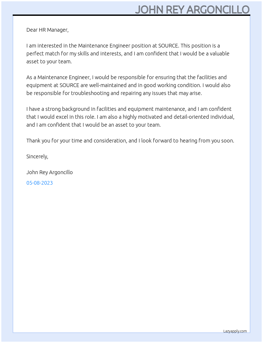 Maintenance Engineer At SOURCE Cover Letter