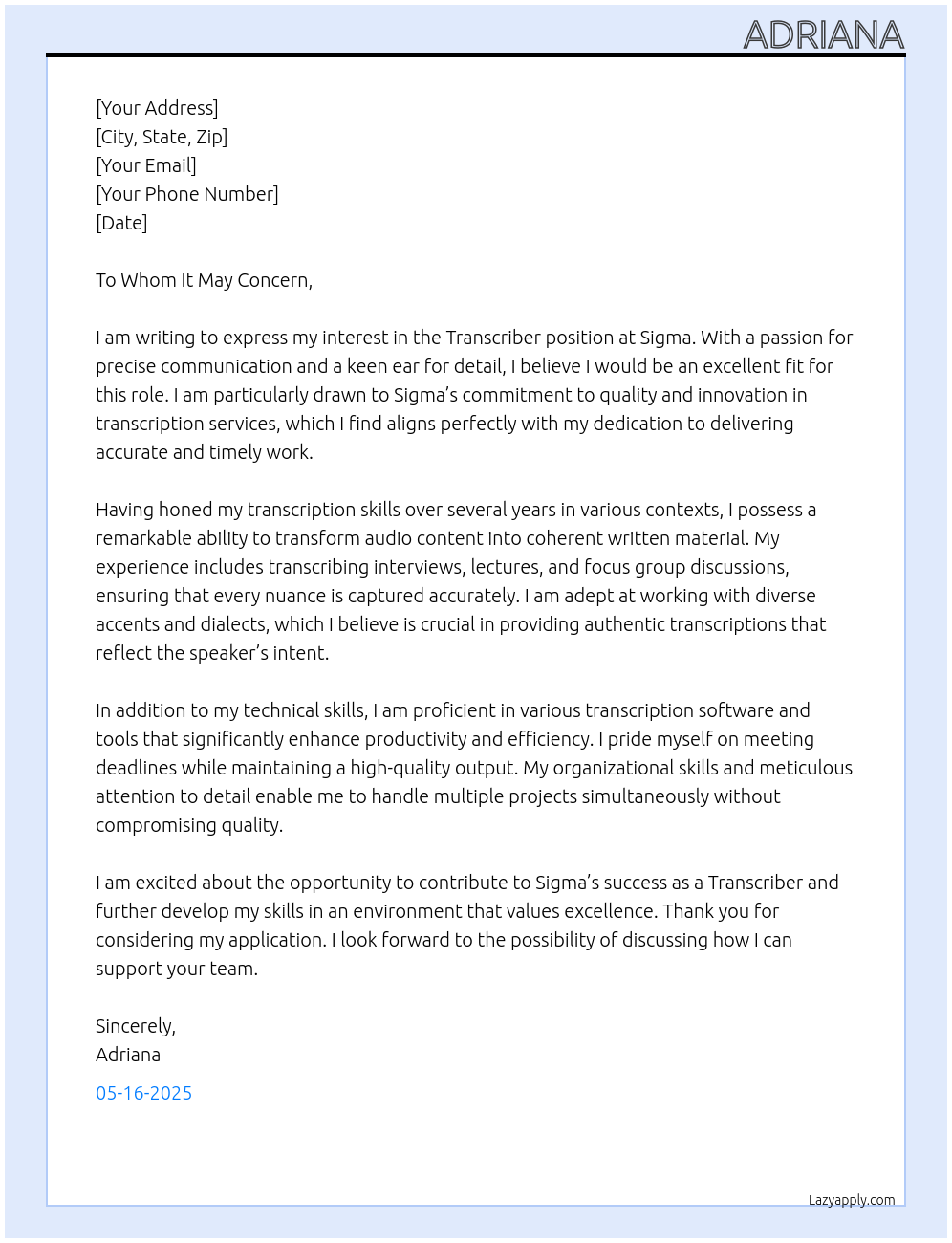 Transcriber At Sigma Cover Letter