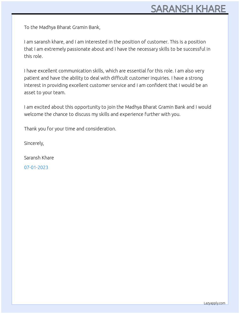 customer At madhya bharat gramin bank Cover Letter