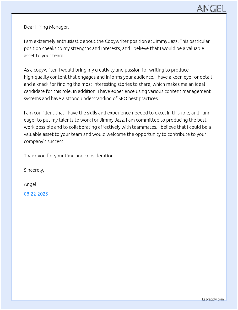 Copywriter At Jimmy Jazz Cover Letter