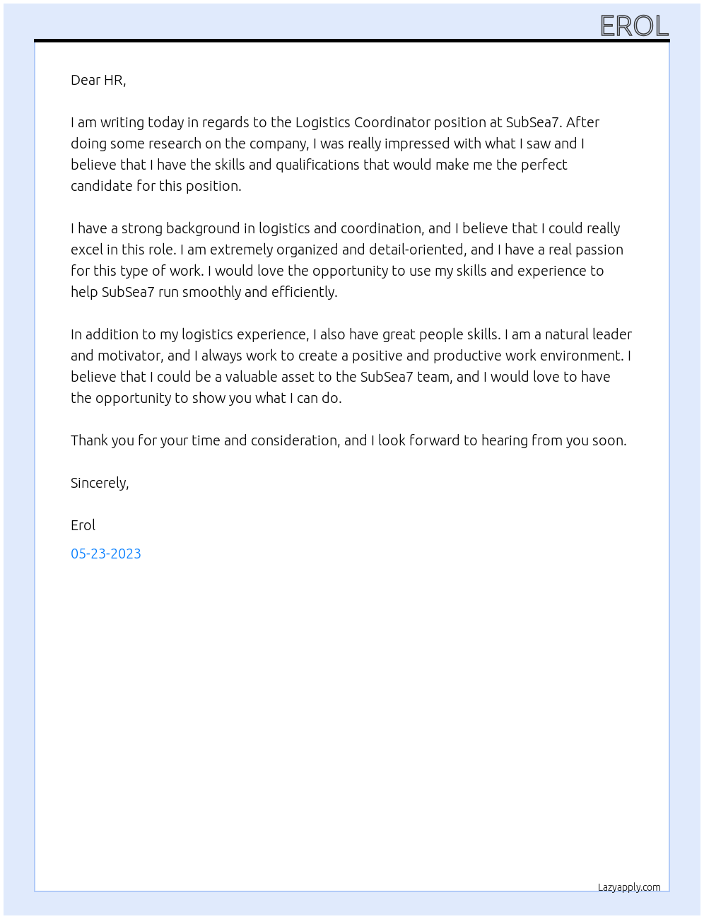 Logistics Coordinator At SubSea7 Cover Letter