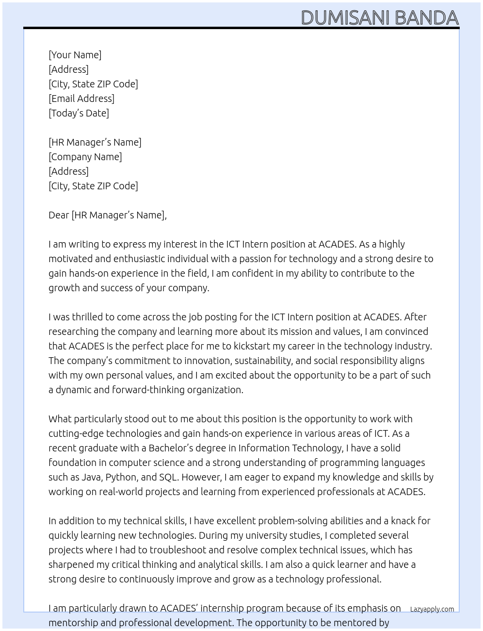 ICT INTERN At ACADES Cover Letter