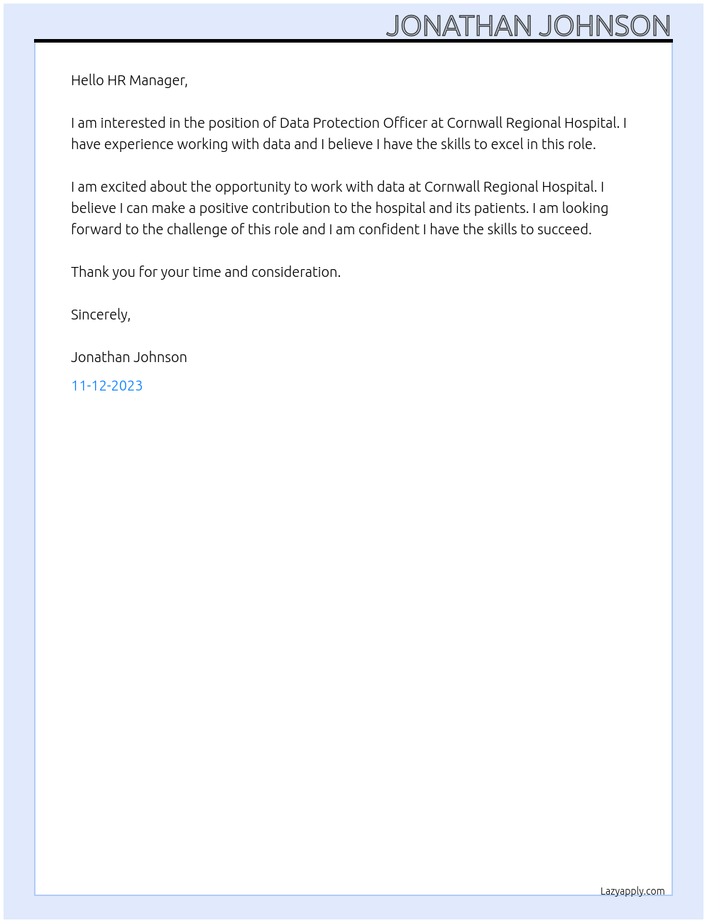 Data Protection Officer At Cornwall Regional Hospital Cover Letter