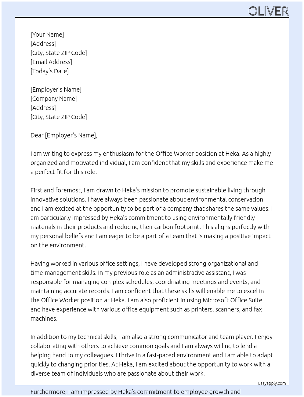 Office Worker At heka Cover Letter