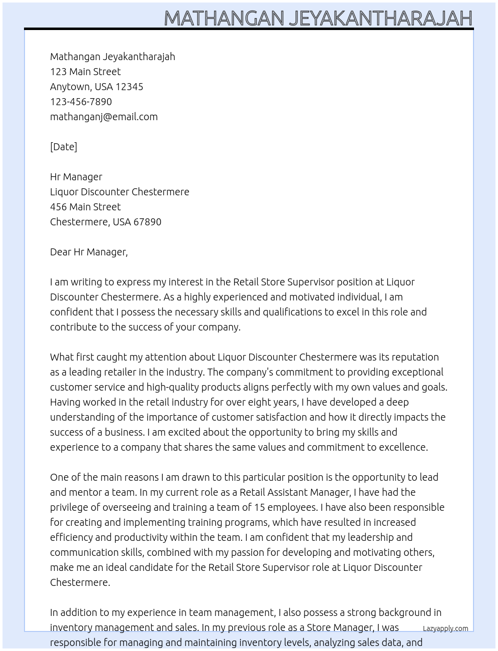 Retail store supervisor  At Liquor Discounter Chestermere Cover Letter