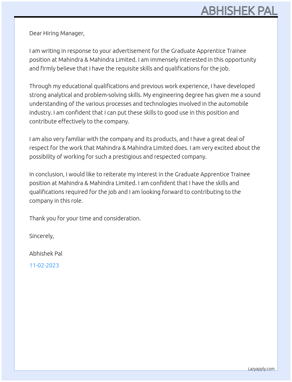 Graduate Apprentice Trainee At Mahindra & Mahindra Limited Cover Letter