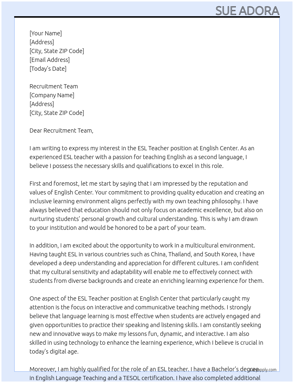 ESL Teacher At English Center Cover Letter