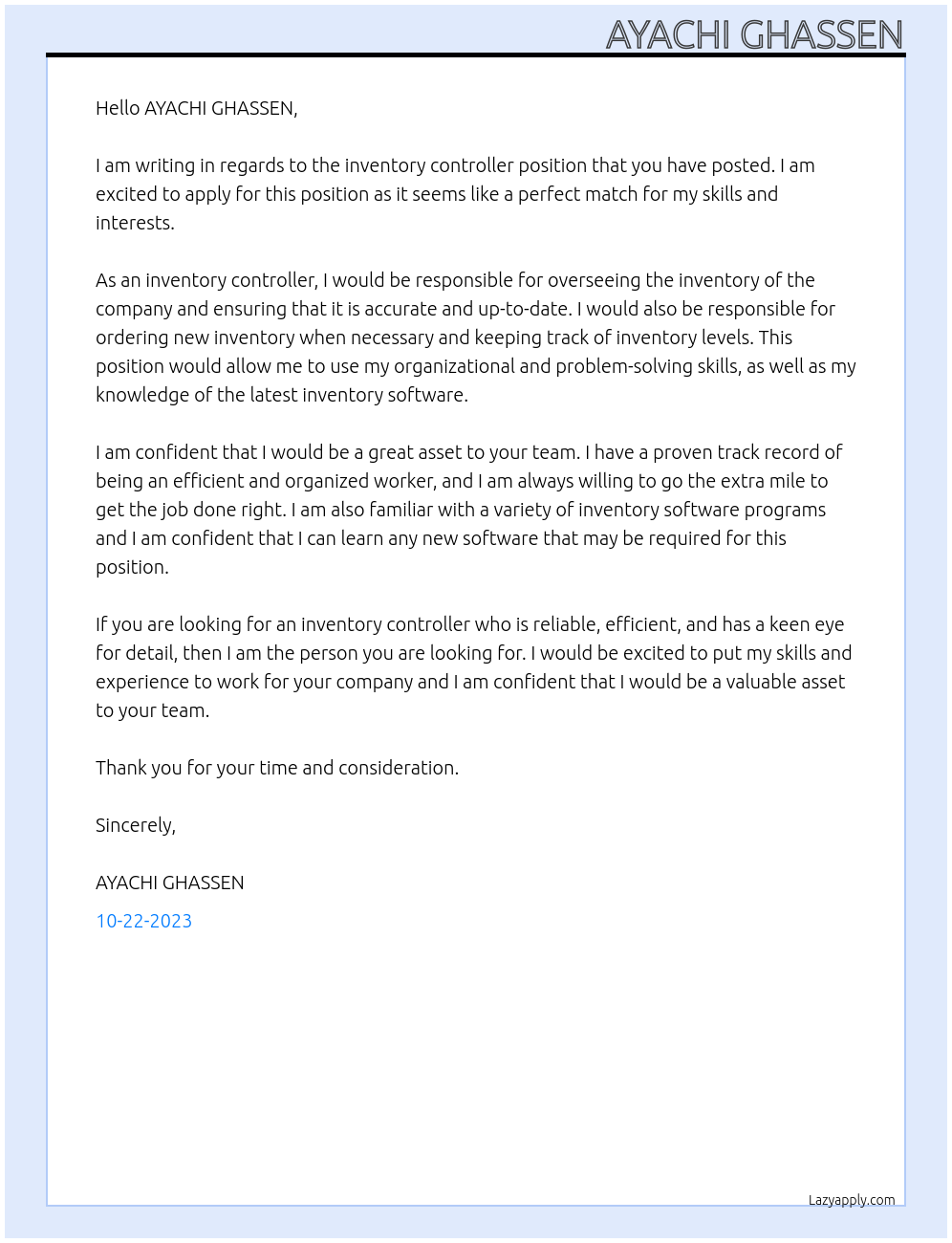 inventory controller At AYACHI GHASSEN Cover Letter