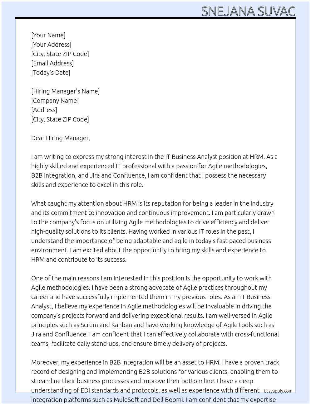 IT Business Analyst At HRM Cover Letter