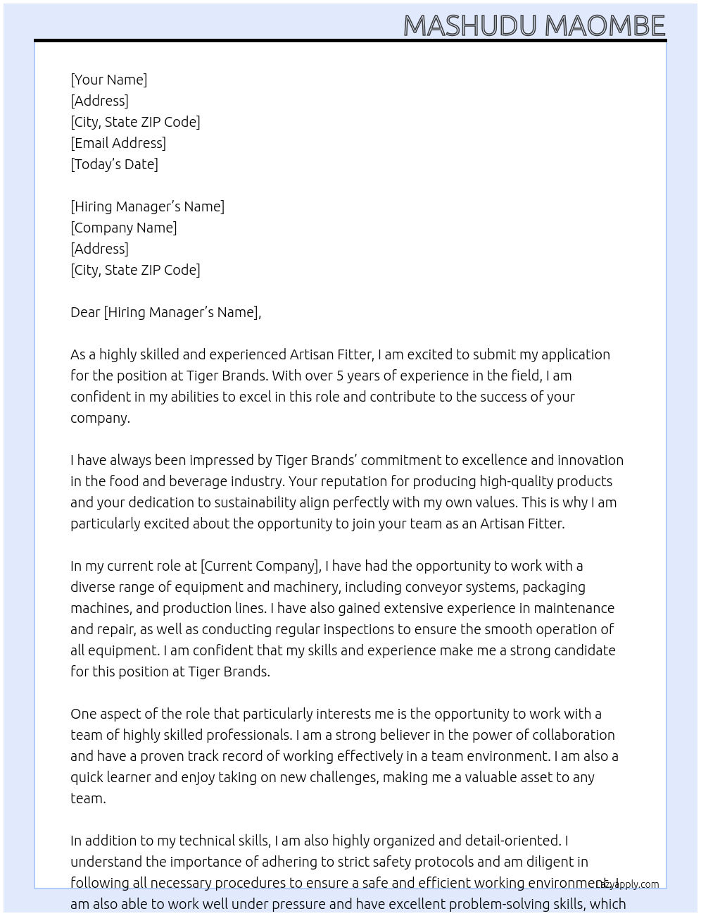 Artisan fitter At Tiger Brands  Cover Letter