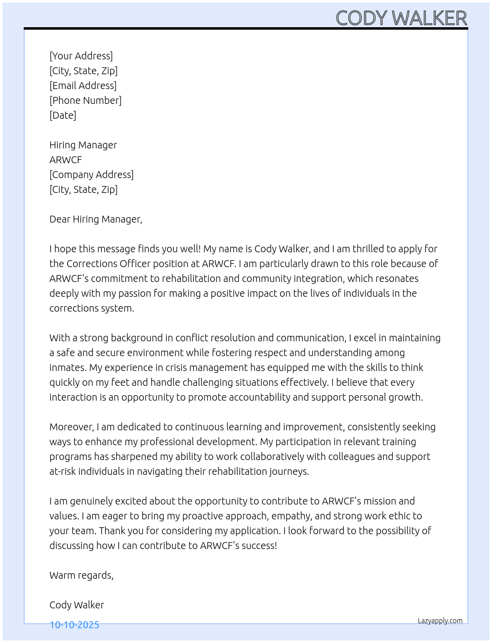 Cover letter for corrections officer - LazyApply