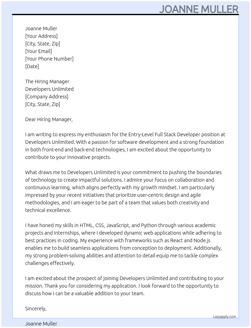 Cover letter for entry level full stack developer software engineering - LazyApply
