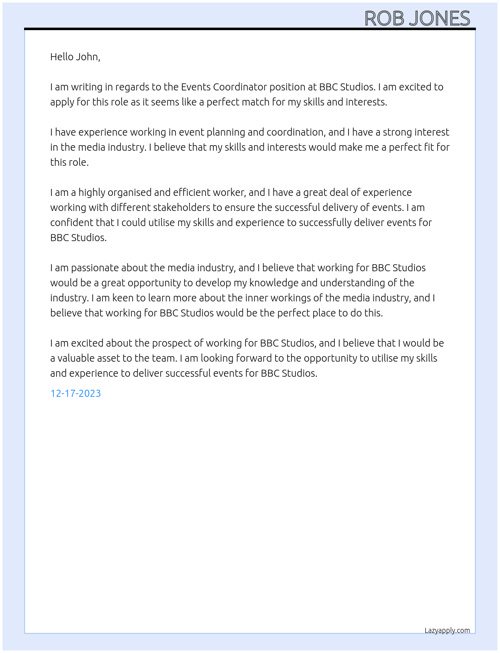 Events Coordinator At BBC Studios Cover Letter