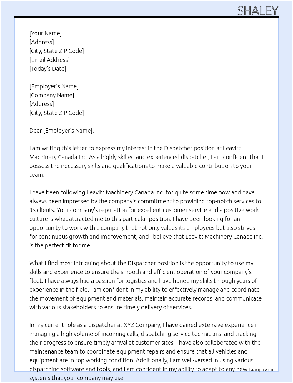 Dispatcher At Leavitt Machinery Canada Inc. Cover Letter