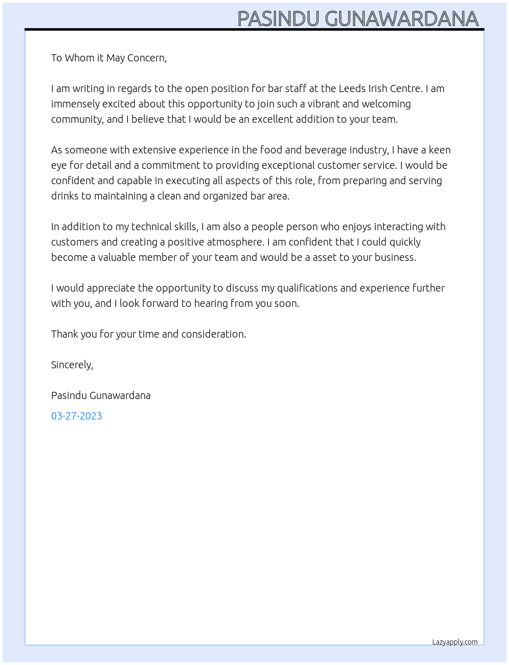 Bar Staff At Leeds Irish Centre Cover Letter