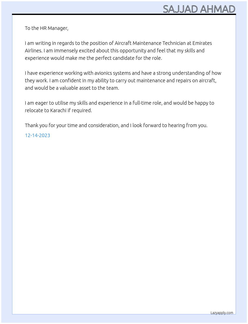 Aircraft Maintenance Technician At Emirates Airlines Cover Letter