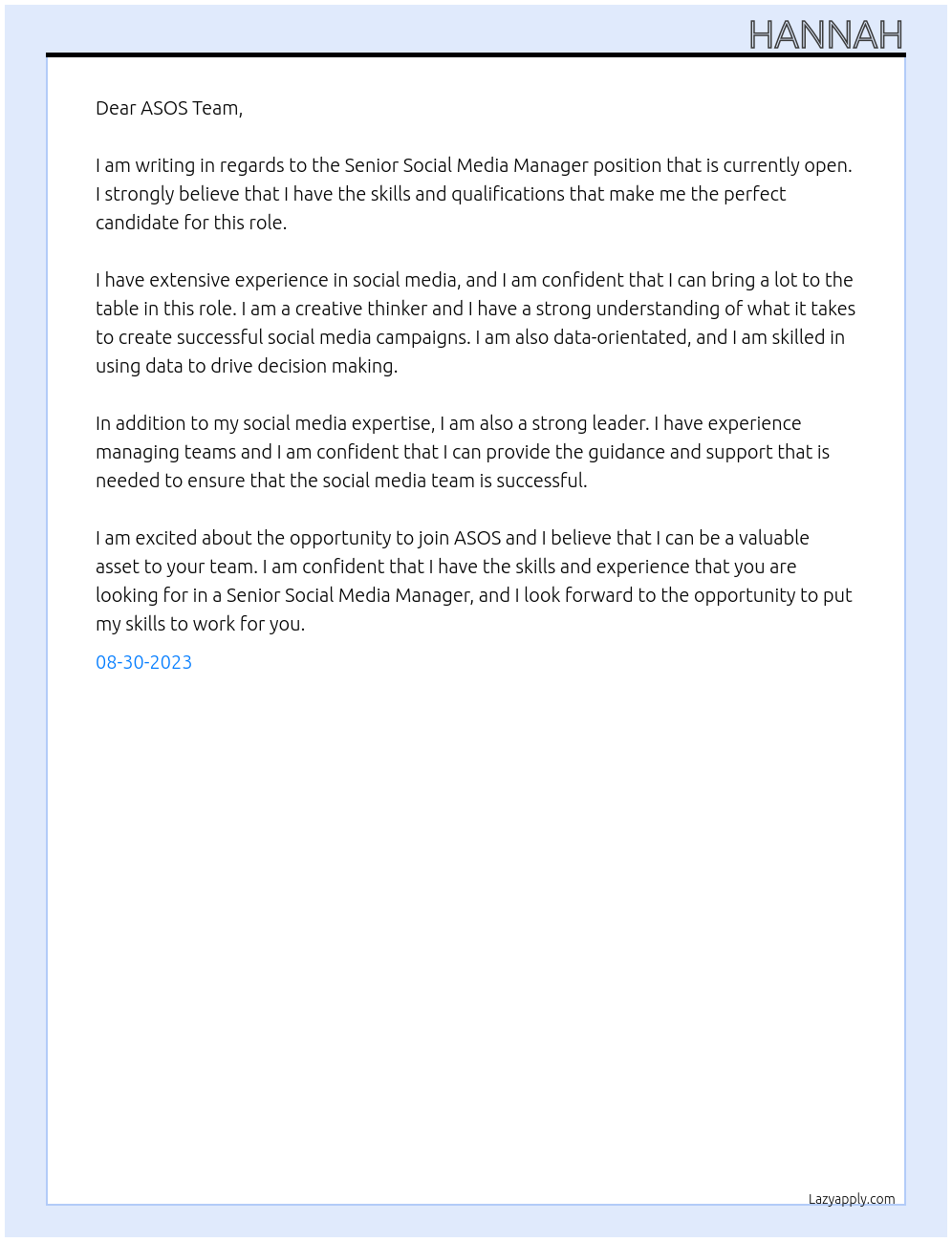 Senior Social Media Manager At ASOS Cover Letter