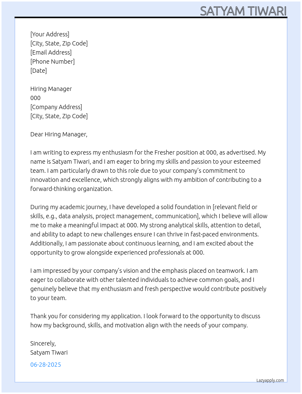 Fresher  At 000 Cover Letter