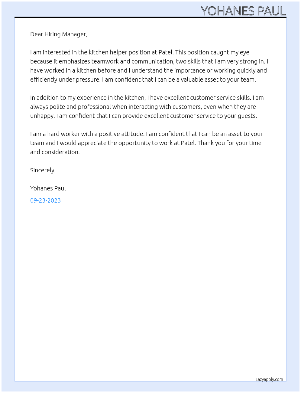 Kitchen Helper At Patel  Cover Letter