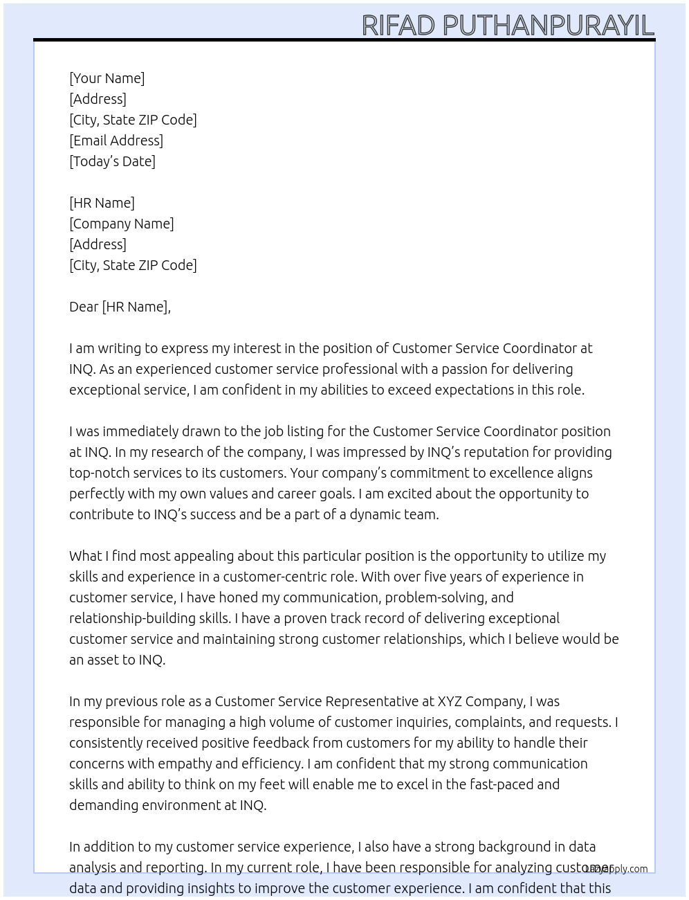 Customer service coordinator  At INQ Cover Letter