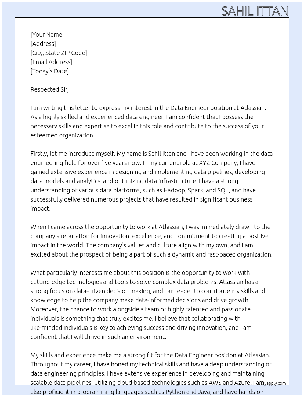 Data Engineer At Atlassian Cover Letter