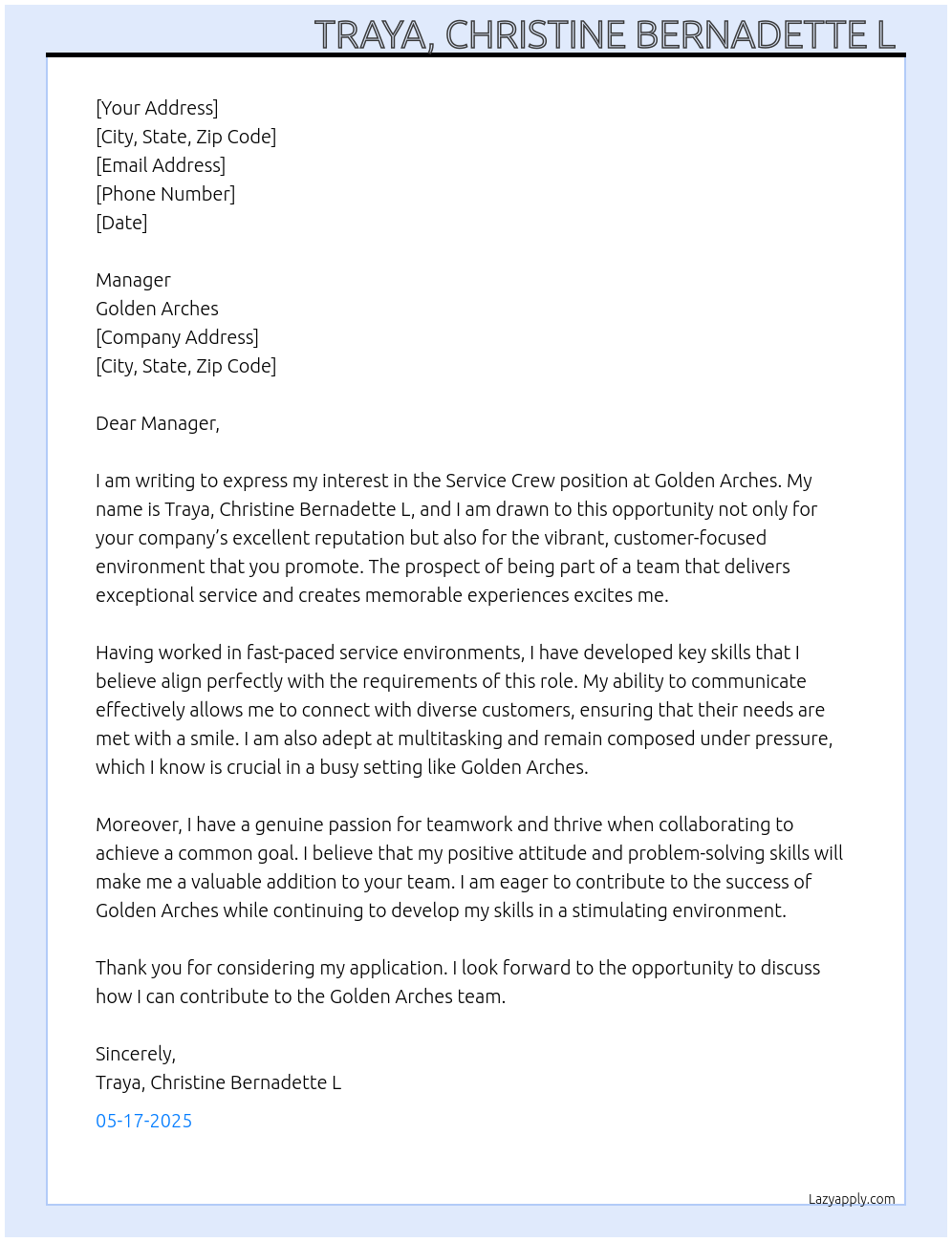 service crew At Golden Arches Cover Letter