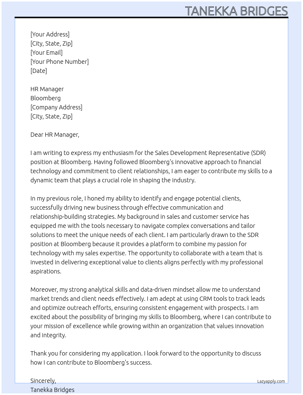 SDR At Bloomberg Cover Letter