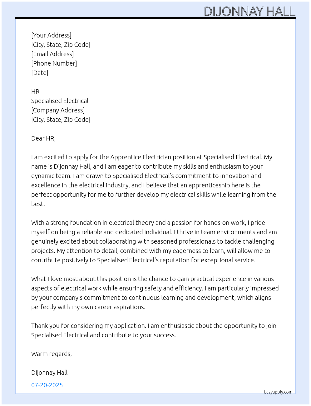 Cover letter for apprentice electrician - LazyApply