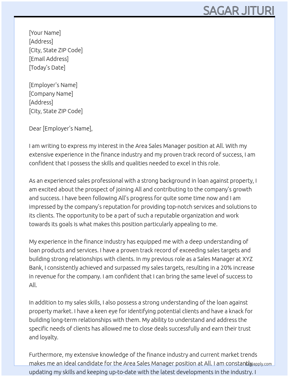 Area sales manager At All Cover Letter