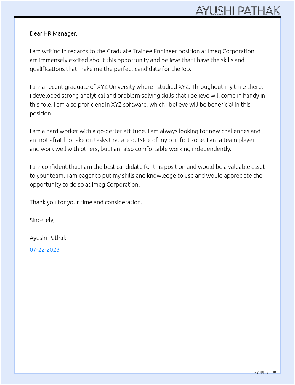 Graduate Trainee Engineer At Imeg Corporation Cover Letter