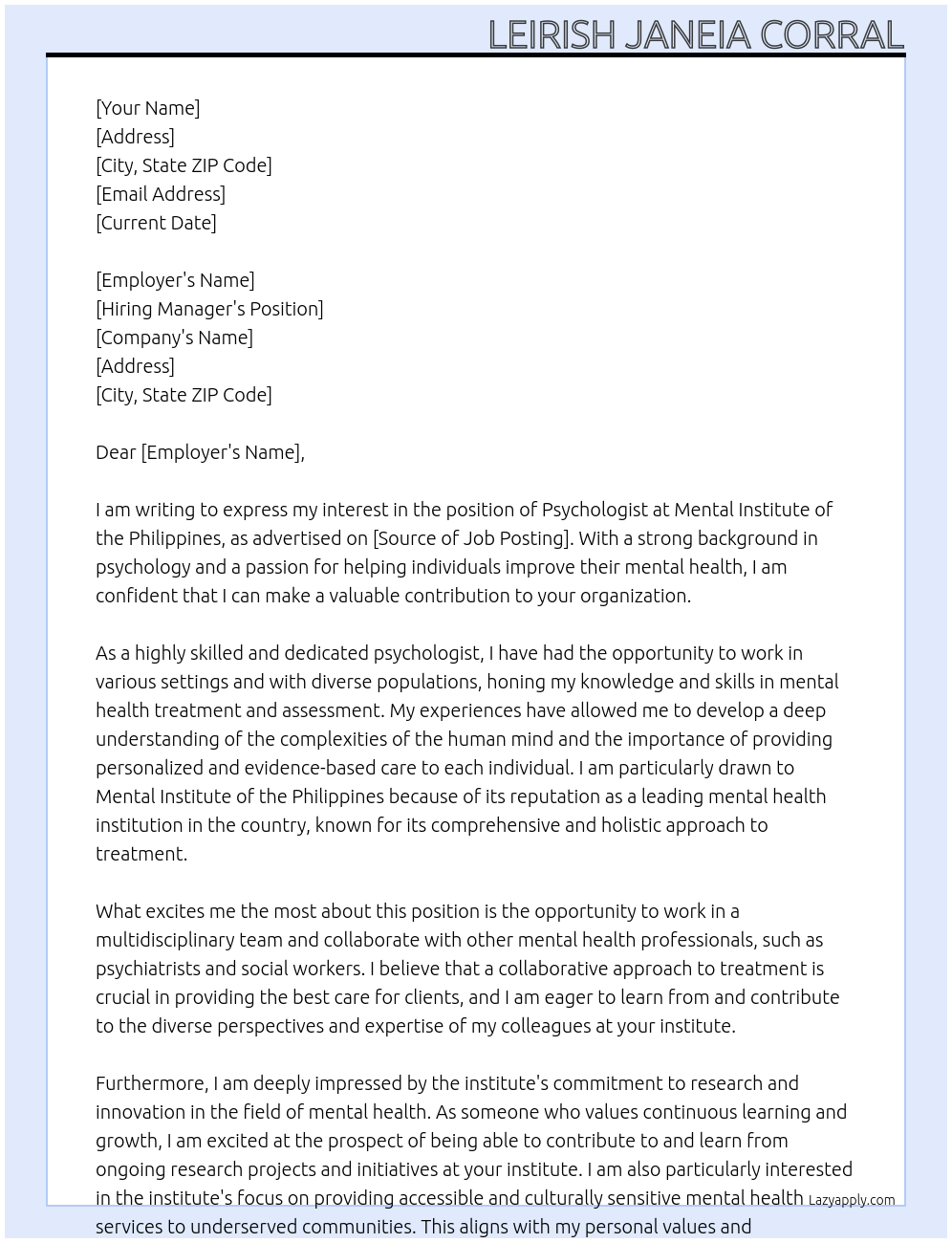Psychologist At Mental institute of the Philippines Cover Letter