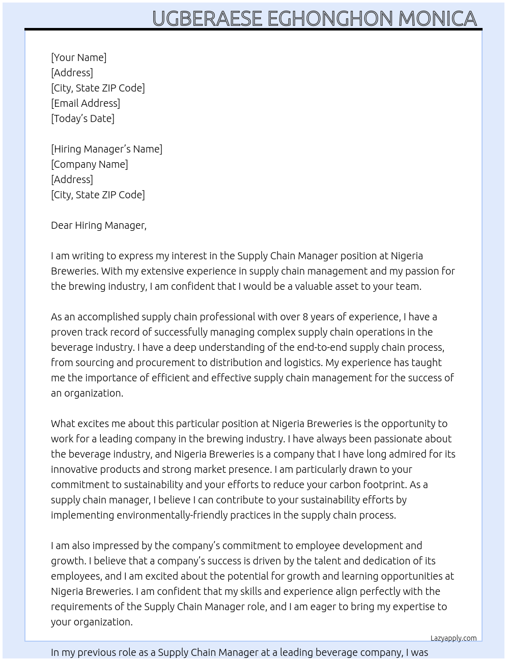Supply Chain Manager  At Nigeria Breweries  Cover Letter