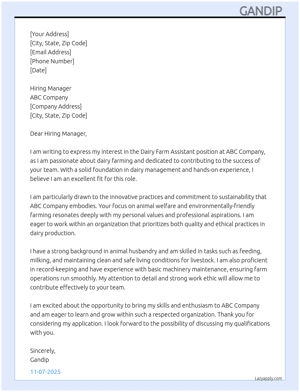 Cover letter for dairy farm assistant - LazyApply