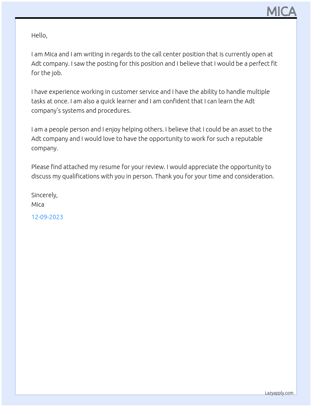 Call center At Adt company Cover Letter