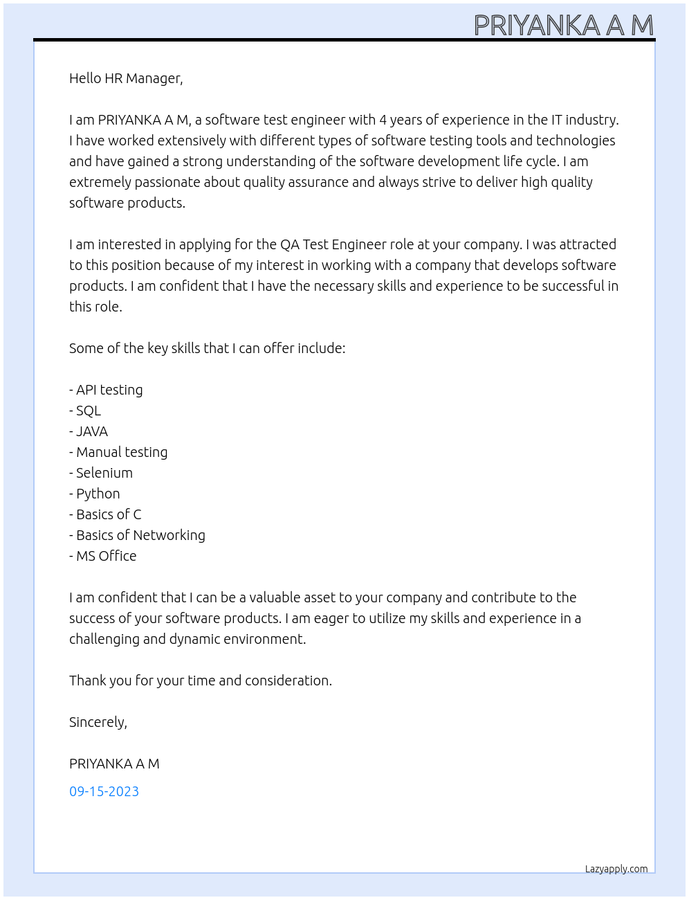 Software Test Engineer At IT Software Companies Cover Letter