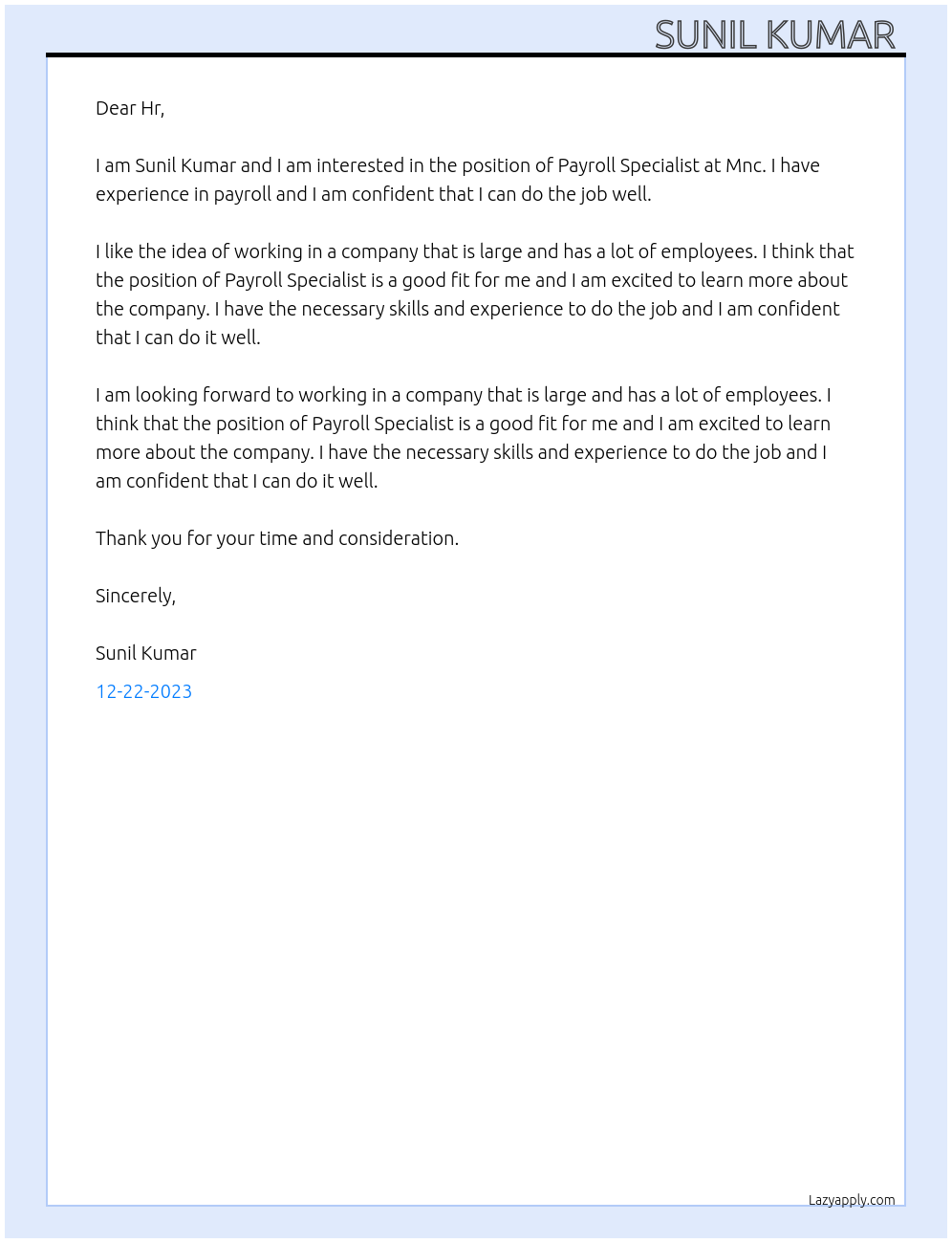 Payroll Specialist At Mnc Cover Letter